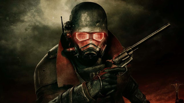 One image shows a soldier in black armor with red eyes as seen in Fallout. 